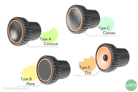 Cuatro formas diferentes (cóncava, plana, convexa y punto) con perillas con forma