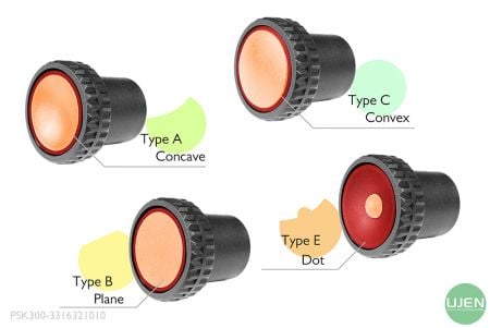 Cuatro formas diferentes (cóncava, plana, convexa y punto) con perillas con forma
