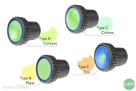 Four different shapes (concave, plane, convex and dot) with shaped knobs