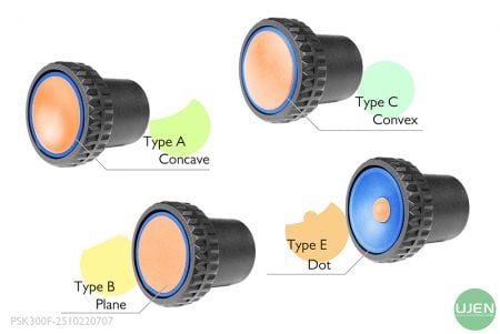 Four different shapes (concave, plane, convex and dot) with shaped knobs