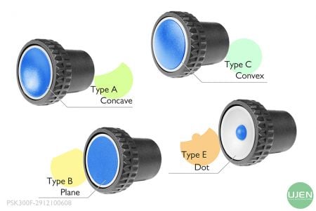 Four different shapes (concave, plane, convex and dot) with shaped knobs