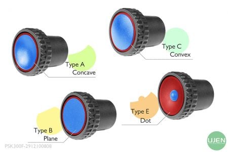 Four different shapes (concave, plane, convex and dot) with shaped knobs