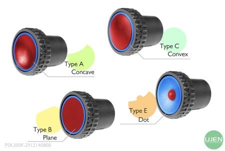 Four different shapes (concave, plane, convex and dot) with shaped knobs