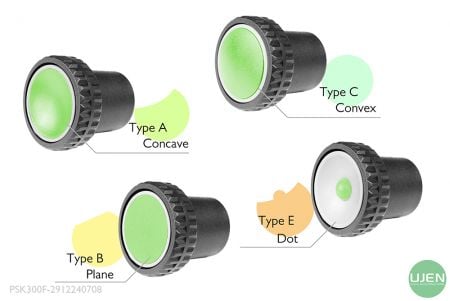 Quatre formes différentes (concave, plane, convexe et point) avec des boutons en forme.