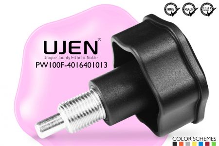 Safety Warning Spring Pull Pin with Hexagonal Plastic Clamping Knob, rest position, M16 x 1.5 x 40mm, D40, pin10 - Lock security pull pin M16xP1.5x40mm PIN10mm Appearance