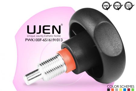 Warning Spring Pull Pin with Circle Clamping Knob, rest position, M16 x 1.5 x 19mm, D65, pin10 - Lock circle security pull pin M16xP1.5x40mm PIN8mm Appearance