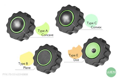 形状の異なる4つの形(凹面、平面、凸面、点)と形状ノブ