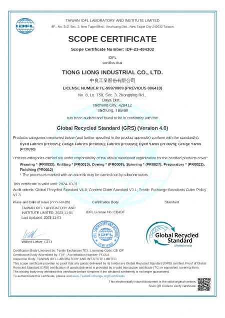 Certificat Global Recycled Standard (GRS) 4.0