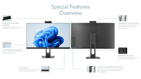freamless display, vibrant ports, bottom IO, secure and clean