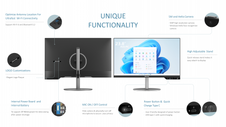 Desktop hitam dengan IO depan, kamera pop-up, penutup kabel, dan fitur desain pelepasan mudah