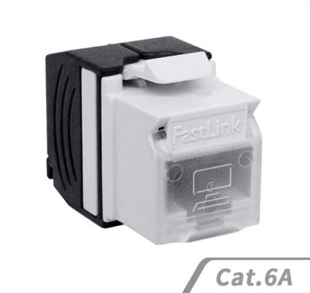 موصل كات 6A منخفض الارتفاع بزاوية 180 درجة بتصميم بدون أدوات مع غطاء للغبار، مدرج في UL - موصل كات 6A UTP بتصميم بدون أدوات بزاوية 180 درجة غير محمي