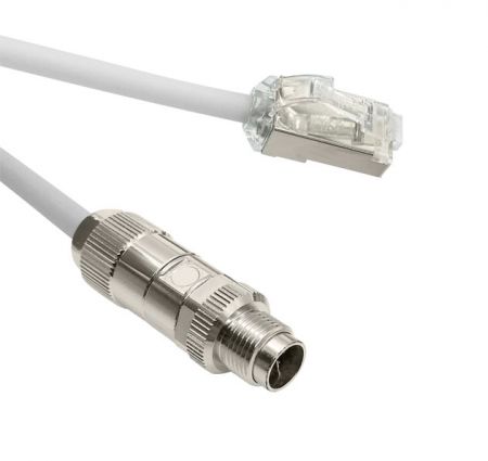 كابل تصحيح صناعي Cat 6A STP مع موصل M12 ذكر و RJ45 STP ذكر - كابل تصحيح صناعي M12 ذكر إلى RJ45 ذكر مقاوم للماء IP67