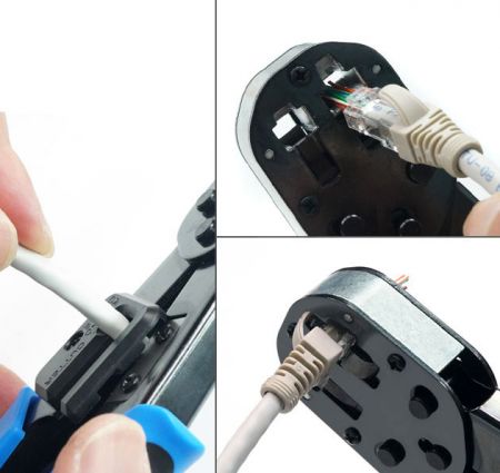 도구는 이더넷 및 전화용 절단 및 스트리핑을 통합합니다.