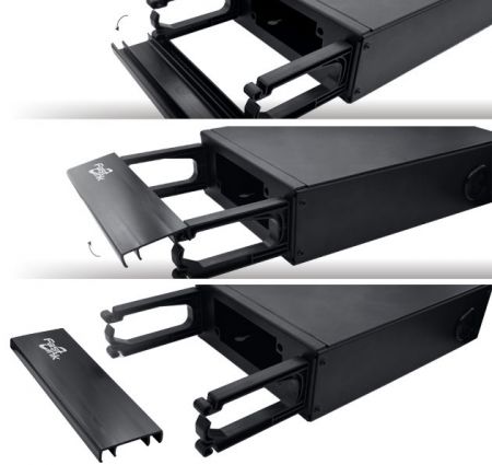 cable management system, with a front cover that can be hinged up or down