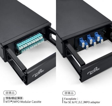 可安裝一片模組化光纖面板或一個MTP/MPO預製光纖模組