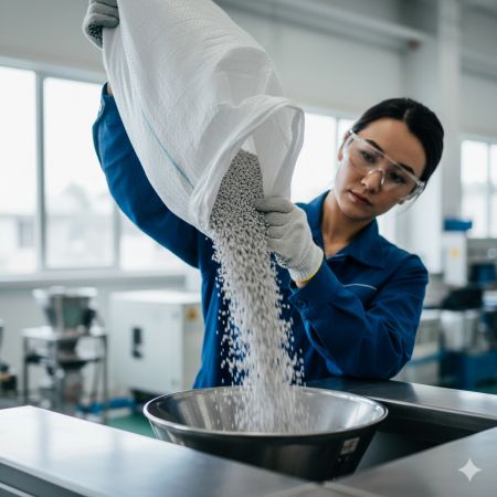 Reciclaje de desechos de plástico y goma con máquinas de fresado avanzadas. - El personal de I+D está vertiendo residuos de ABS en la máquina de fresado.