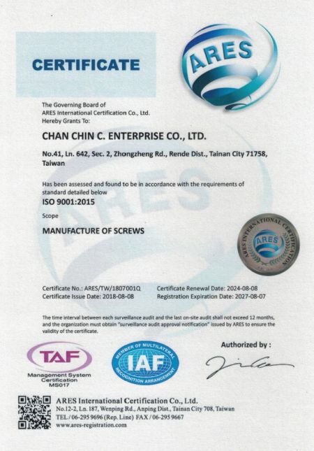 ISO9001:2015 certified, Scope: Manufacture of Screws