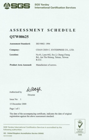 ISO 9002:1994, Área de Producto Evaluada: Fabricación de Tornillos.