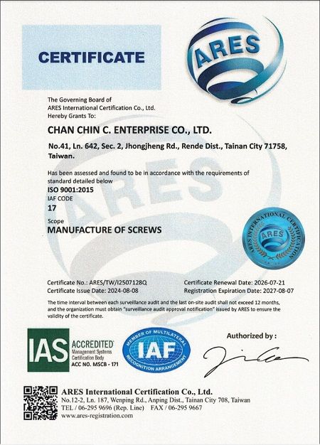 CHAN CHIN ISO 9001:2015 ruuvien valmistussertifikaatti