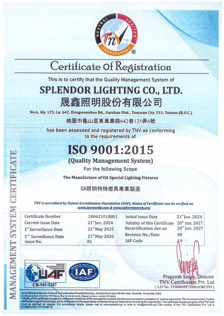 Splendor Lightingproducent oświetlenia OEM na Tajwanie z certyfikatem ISO9001