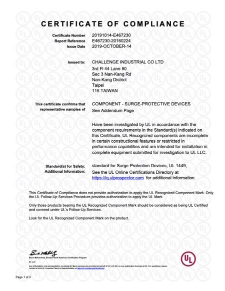 Certificat UL pour les dispositifs de protection contre les surtensions (SPD) - Page 1