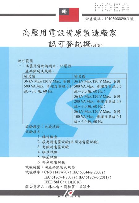 Manufacturer Certificate (CIC’s Taoyuan factory) for Current Transformers and Potential Transformers - Page 2