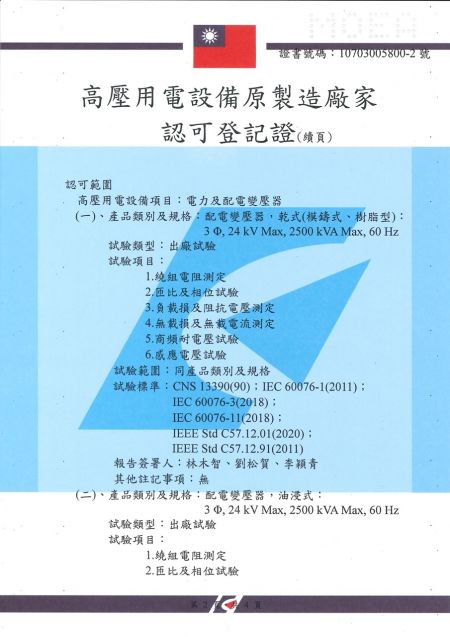 Manufacturer Certificate (CIC’s Zhongli factory) for Distribution Transformers - Page 2