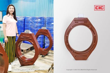 左側には代表者がCICの超大型窓型電流トランスの中に立っています。右側には別のタイプのCICの超大型窓型電流トランスがあります。