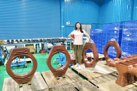 CICの超大型窓型電流トランスを披露する代表者。