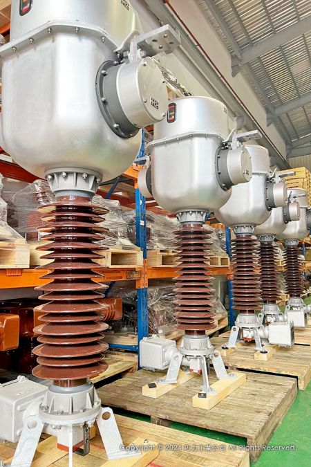 Several "low oil volume" high-voltage outdoor current transformers on-site at the Taoyuan Plant of CIC