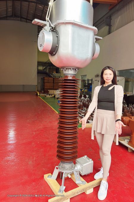 Vice G.M. of CIC’s Trading Development Division showcases the "low oil volume" high-voltage outdoor current transformers at the Taoyuan Plant
