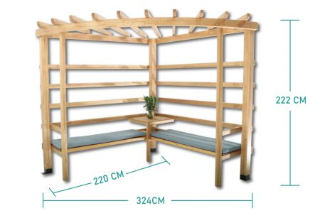 木製スラットで組み立てられた屋外パーゴラの寸法。