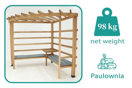 The freestanding solid wood pergola is made of paulownia wood and has a net weight of 98 kg.