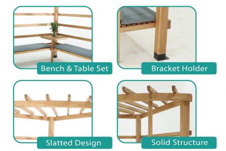 WOODEVER outdoor pergola has safety anchors on the bottom of the stand and comes with a table and benches inside the pergola stand.