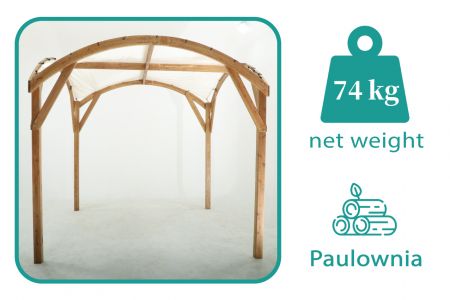 The net weight of the leisure paulownia wood pergola is 74 kg.