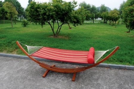 Outdoor Self Standing Varnish Wooden Hammock With Polyester Composite Fabric (Length 410cm) - solid wood frame with hammock
