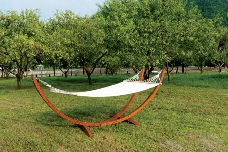 Berdiri hammock tiga titik berkelanjutan dari kayu solid FSC dengan kain polyester tahan cuaca (Panjang 310cm) - Setengah lengkung tiga desain penyangga kayu untuk hammock