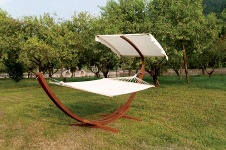 Suporte de rede de madeira arqueada com toldo e tecido de algodão resistente a rasgos - Conjunto de suporte para rede de duas pessoas com toldo