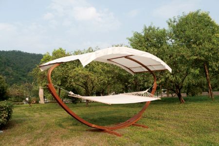 Large Freestanding Tree Free Hammock with Natural Wood Stand and Removable Shade Roof (Length 410cm) - Heavy duty wooden hammock with canopy