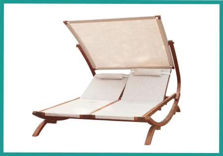 كرسي شمسي خشبي مزدوج مع مسند قابل للتعديل وغطاء قماش مخصص معتمد من SGS - كرسي شمسي خشب massif لشخصين مع مظلة