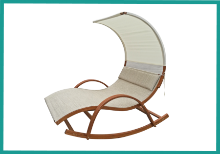 Sedia a sdraio doppia in legno per tutte le condizioni atmosferiche con baldacchino e design della seduta a dondolo a forma di C - Chaise longue in legno massello a forma di C