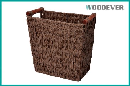 Cesta de lixo artesanal personalizada, atacado do Vietnã, cesta de papelaria de vime marrom com alças de madeira - Cesta de presente decorativa de armazenamento em rattan trançado feita à mão, fabricante do Vietnã