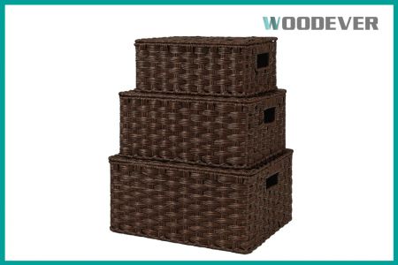 Cestas de Armazenamento Decorativas de Plástico Imitando Rattan com Tampas para Organização com Alças Embutidas para Fábrica OEM - Cesta de Armazenamento de Plástico PE Imitando Rattan, Design Personalizado Altamente Flexível, Fornecedor de Produtos para o Lar de Vime do Vietnã