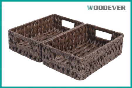 Cesta de Armazenamento Retangular de Rattan com Alças Organizador de Presentes Personalizado Caixas de Artesanato Atacadista - O material PE da cesta de bandeja não é apenas ecológico e reciclável, mas também está alinhado com as metas modernas de sustentabilidade, tornando-o um produto ideal para fornecimento a longo prazo.