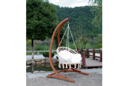 FSC-Certified Solid Wood Swing Chair Stand With Hammock Chair Cotton Rope Macrame Swing Chair OEM Customization - Woven fabric swing chair with wooden stand