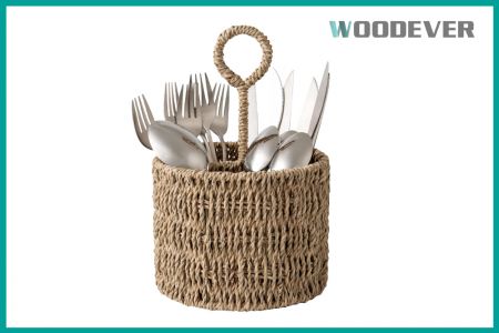 100% Seagrass Cutlery Organizer with Removable Handle Custom Handwoven Cutlery Holder Manufacturer - WOODEVER Vietnam Cutlery Storage Basket Manufacturer.This utensil holder is handcrafted from natural seagrass.