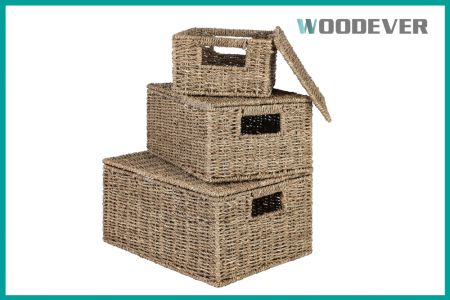 Vietnam Suplpier OEM Seagrass Wicker Display Boxes Baskets with Lid OEM FSC Woven Nesting Bins Décor Organizer with Handles Factory - Multifunctional Storage Basket for Seagrass Business Gift Vietnam Supplier