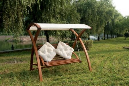 Kursi Ayunan - Set ayunan kayu solid dengan atap pelindung matahari