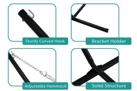 The Outdoor Metal Hammock Stand uses U-shaped hooks to hang the hammock and features a non-slip bottom bracket with an adjustable hammock hardware chain.