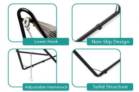 The hammock stand is designed with a trapezoidal structure, the hammock hangs in a downward direction and is equipped with an adjustable hammock chain and a non-slip function at the bottom of the stand.